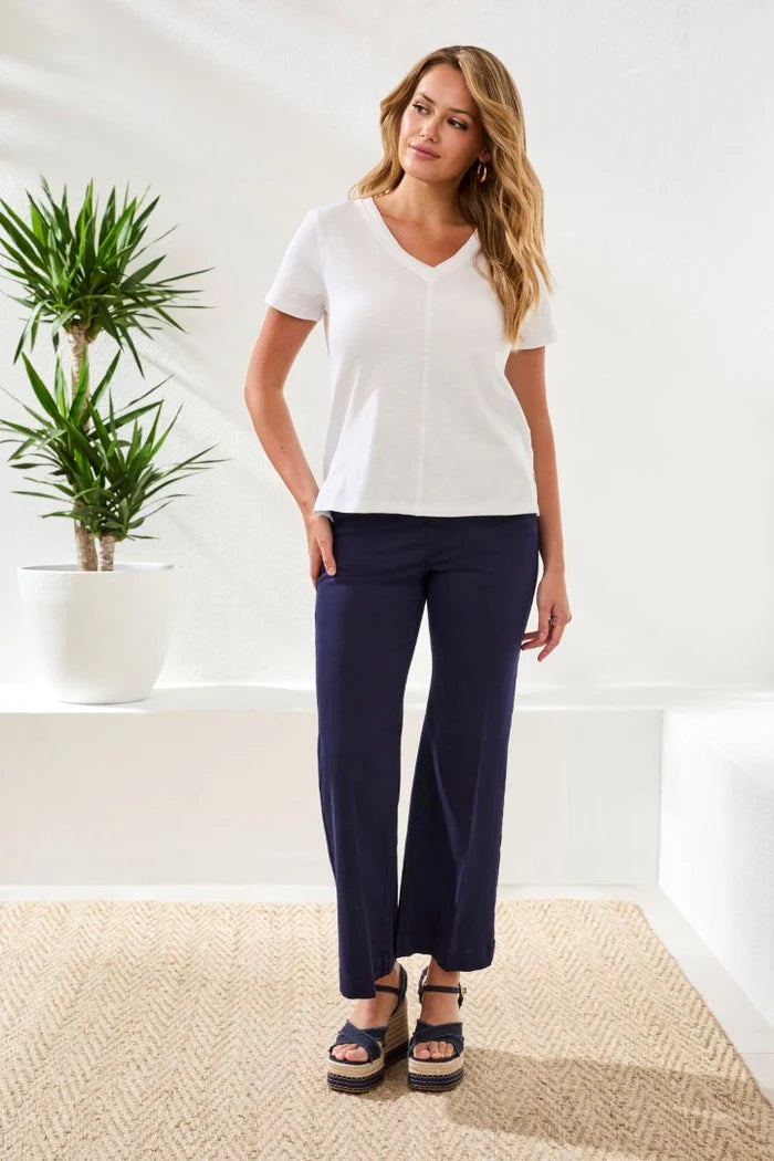 Tribal Slub Knit V-Neck Top With Double Trim Detail White