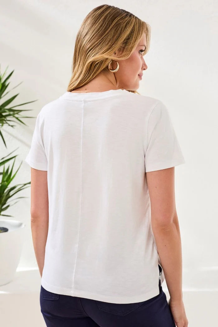 Tribal Slub Knit V-Neck Top With Double Trim Detail White