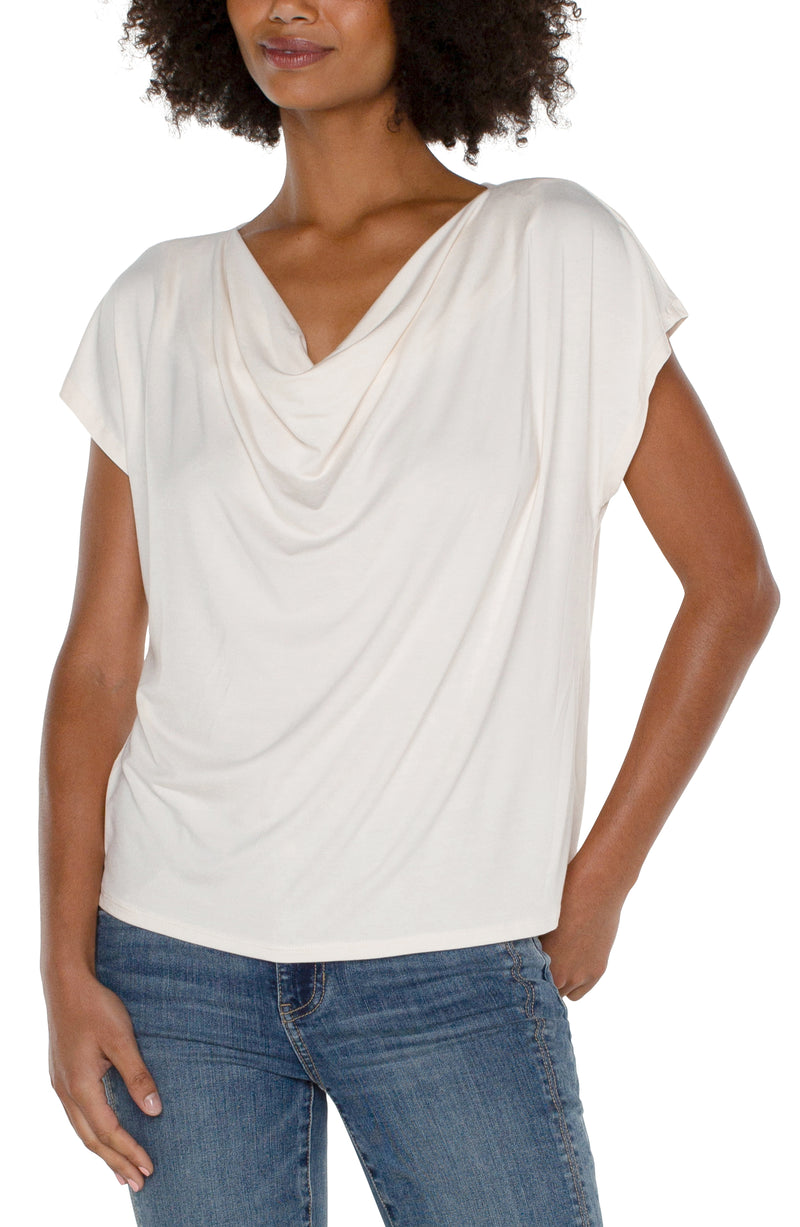 LIVERPOOL - SHORT SLEEVE KNIT TOP WITH DRAPED COWL NECK - FRENCH CREAM