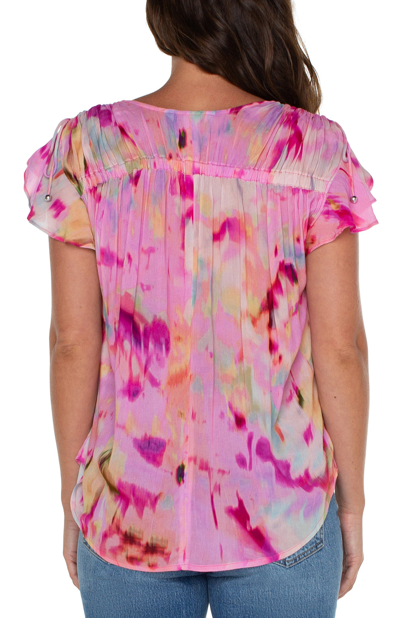 LIVERPOOL - SHIRRED V-NECK TOP WITH TIE DETAILS - FUCHSIA