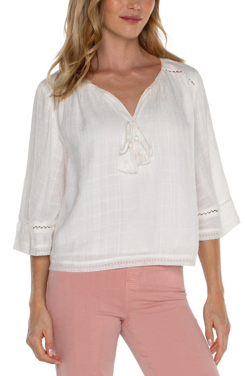LIVERPOOL - SHIRRED WOVEN TIE FRONT TOP WITH TRIM - OFF WHITE
