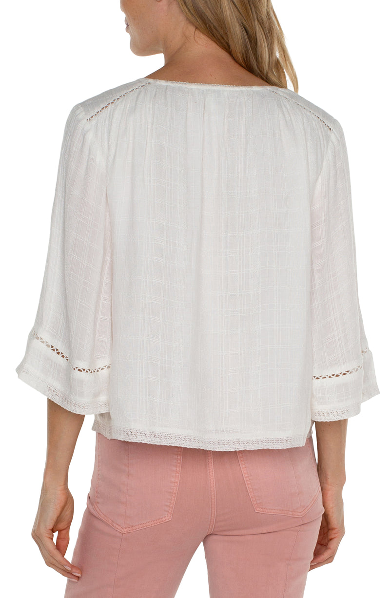 LIVERPOOL - SHIRRED WOVEN TIE FRONT TOP WITH TRIM - OFF WHITE