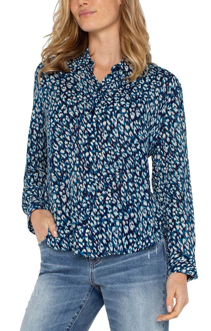 LIVERPOOL - LONG SLEEVE BUTTON FRONT WOVEN SHIRT - BLUE TOPAZ ANIMAL