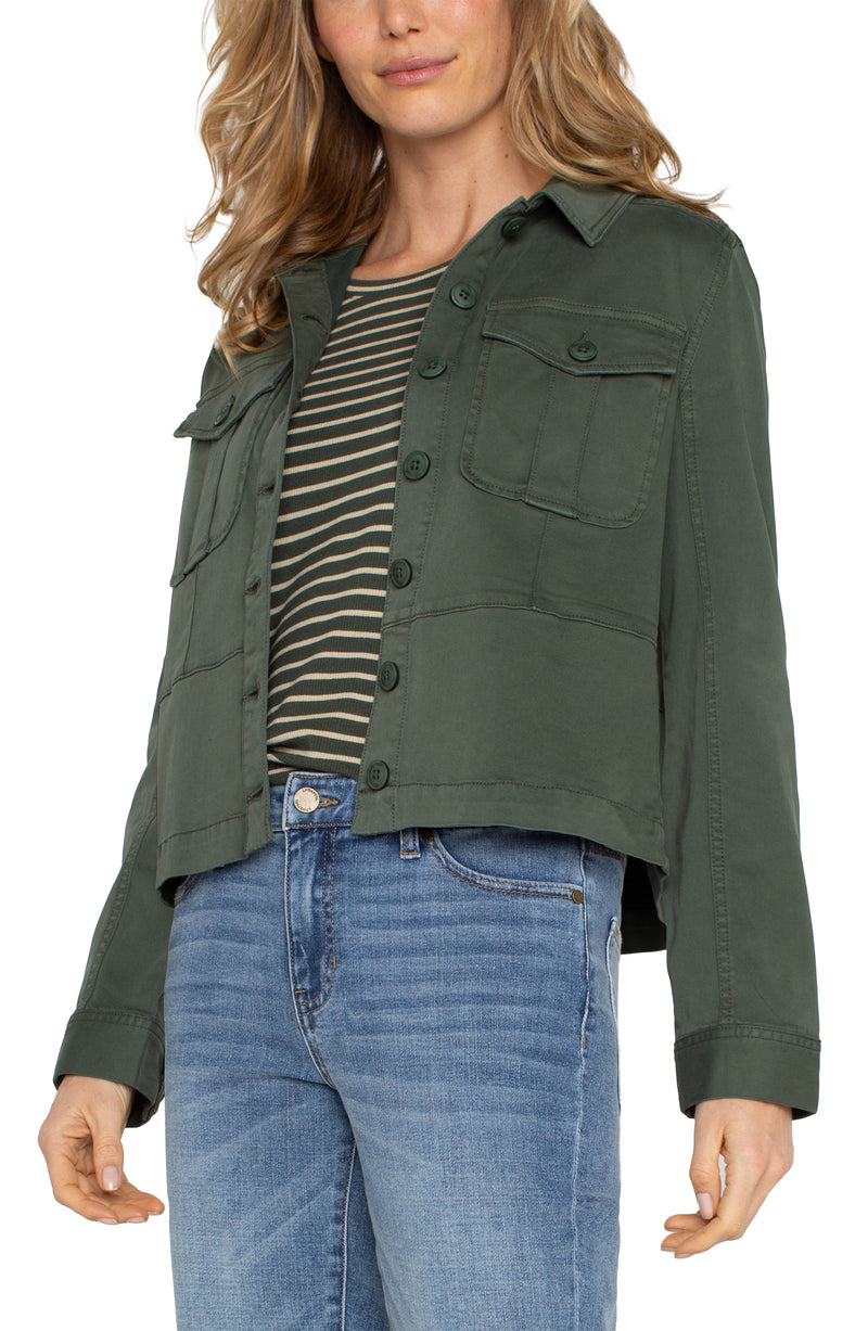 LIVERPOOL PEPLUM HEM TRUCKER JACKET - MOSS GREEN