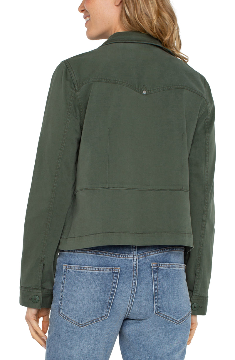 LIVERPOOL PEPLUM HEM TRUCKER JACKET - MOSS GREEN