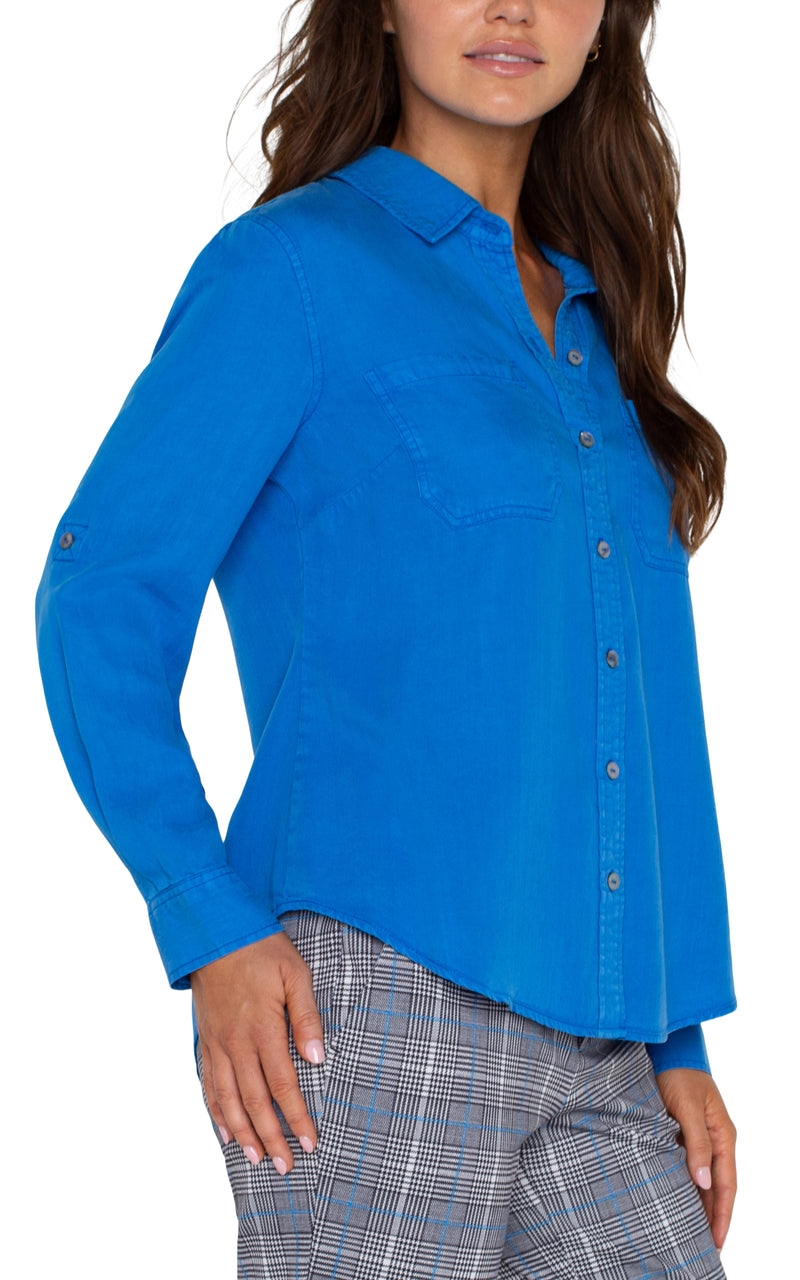 LIVERPOOL LONG ROLLE SLEEVE WOVEN SHIRT - BLUE TOPAZ