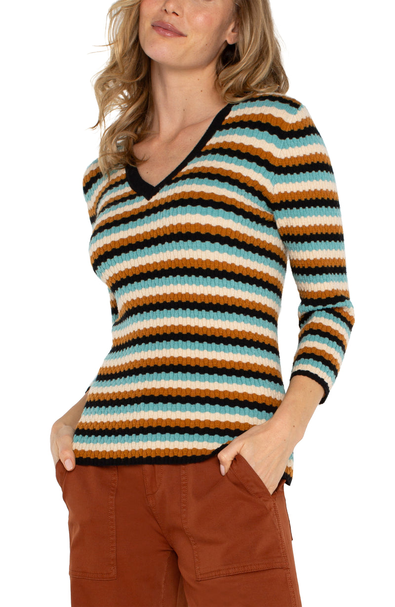 LIVERPOOL 3/4 SLEEVE V-NECK SWEATER - OCEAN MULTISTRIPE