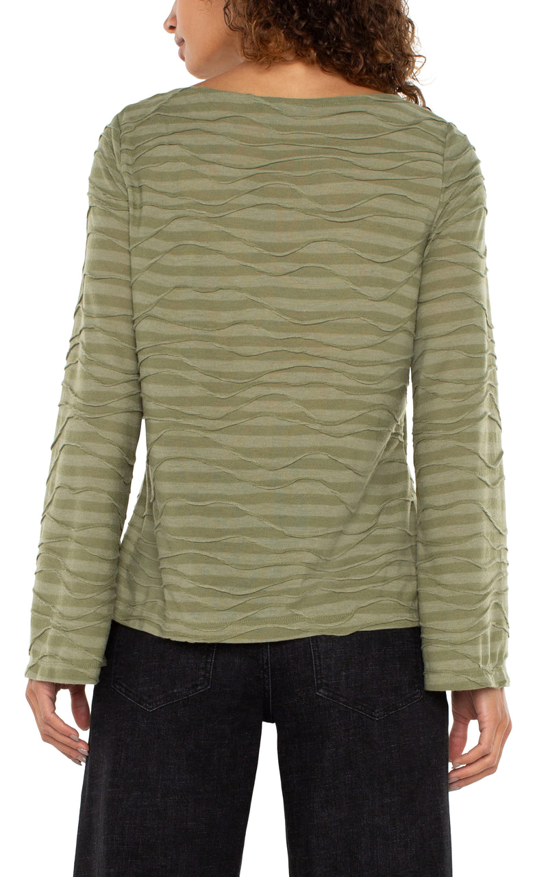 LIVERPOOL LONG FLARED SLEEVE BOAT NECK KNIT TOP - SPANISH OLIVE