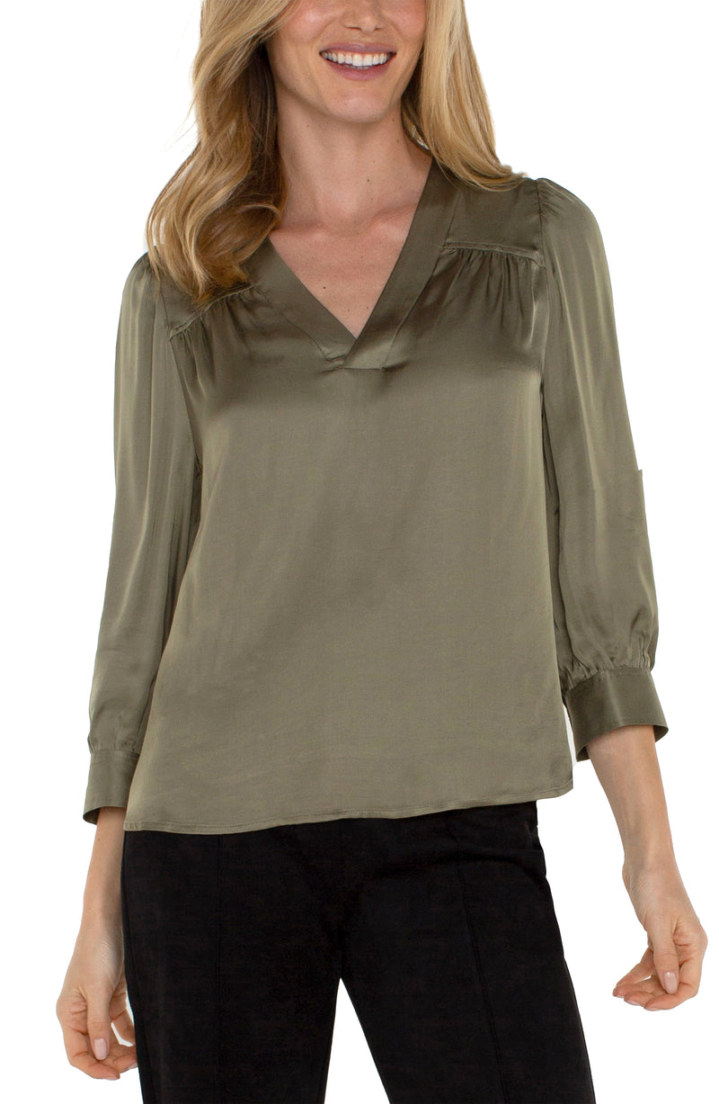 LIVERPOOL LONG SLEEVE PLEATED NECK WOVEN BLOUSE - SPANISH OLIVE