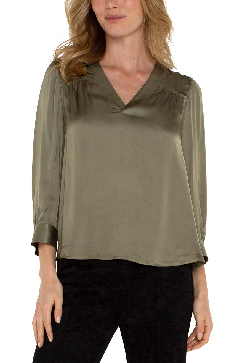 LIVERPOOL LONG SLEEVE PLEATED NECK WOVEN BLOUSE - SPANISH OLIVE