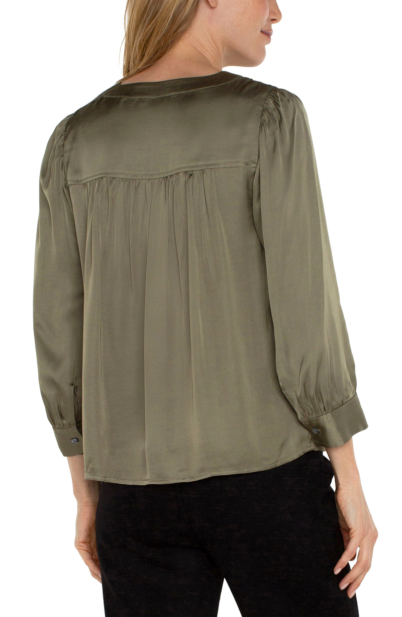 LIVERPOOL LONG SLEEVE PLEATED NECK WOVEN BLOUSE - SPANISH OLIVE