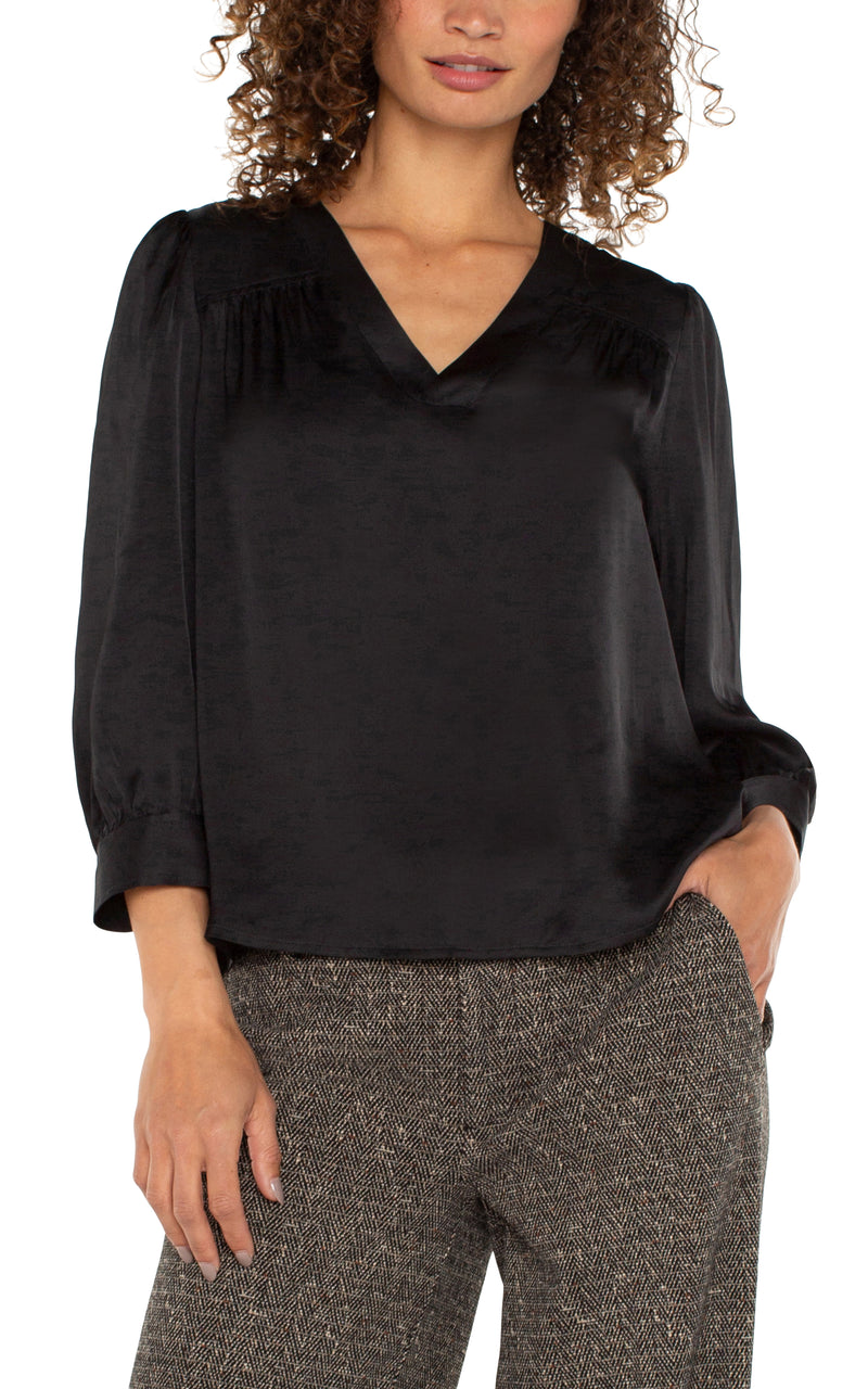 LIVERPOOL LONG SLEEVE PLEATED NECK WOVEN BLOUSE - BLACK