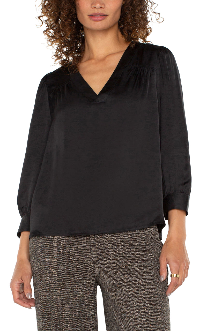 LIVERPOOL LONG SLEEVE PLEATED NECK WOVEN BLOUSE - BLACK