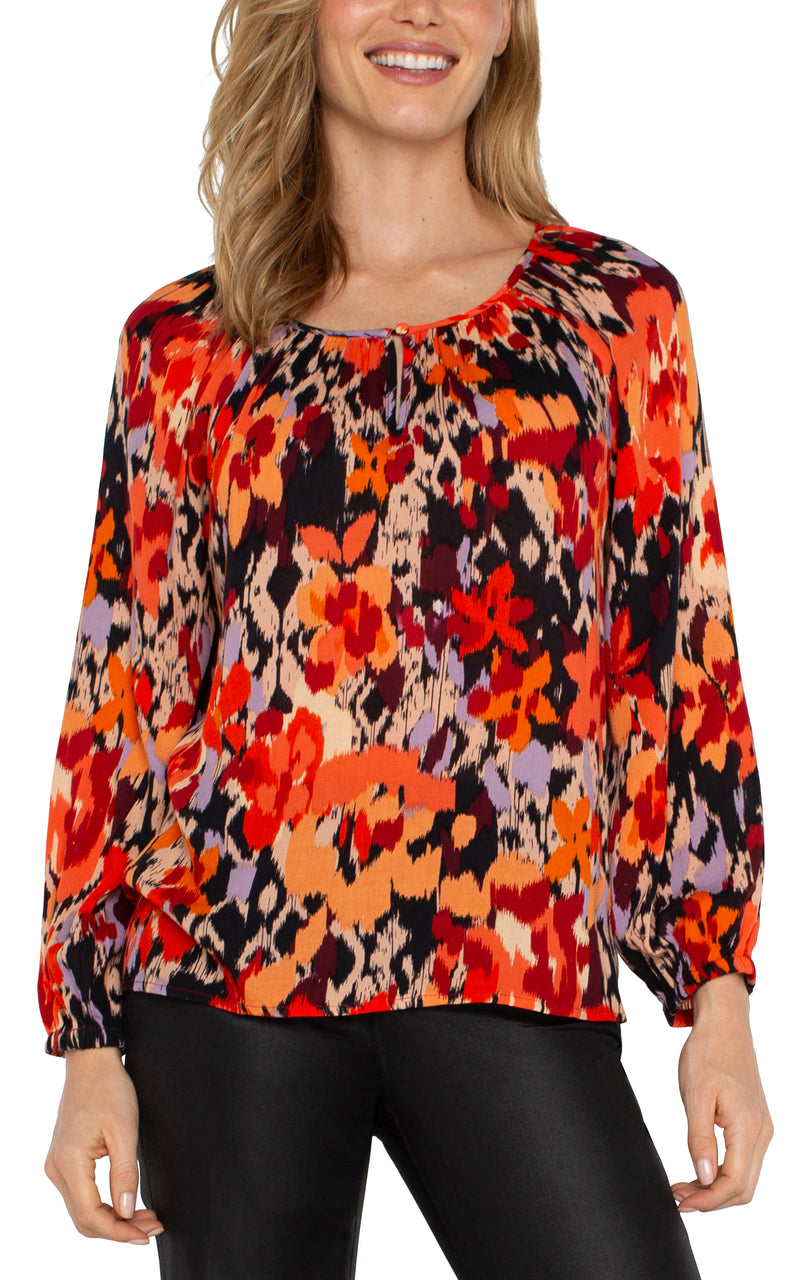 LIVERPOOL LONG SLEEVE SHIRRED WOVEN BLOUSE - BURN ORANGE FLORAL