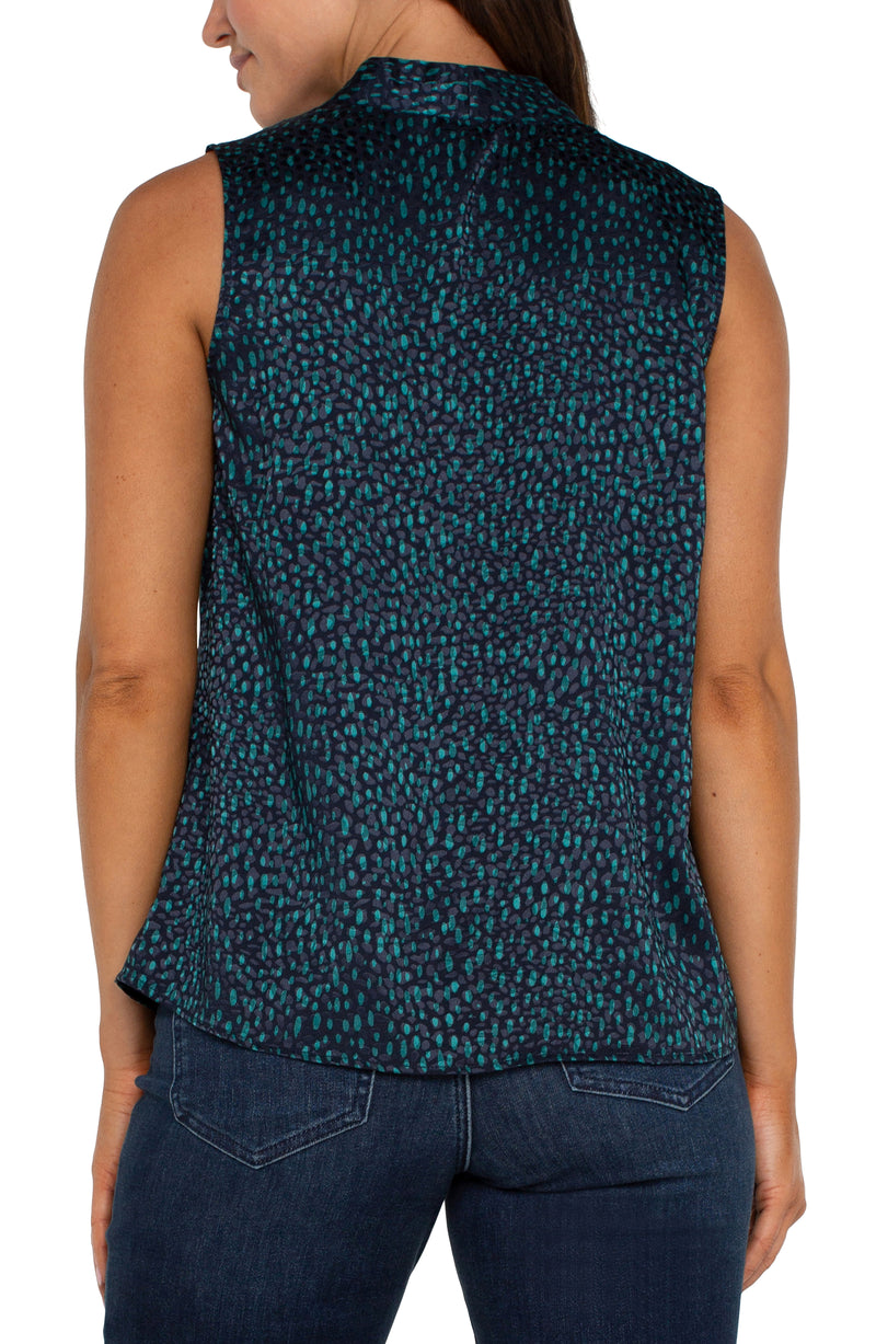 LIVERPOOL SLEEVELESS PLEATED NECK WOVEN BLOUSE - NAVY MALACHITE