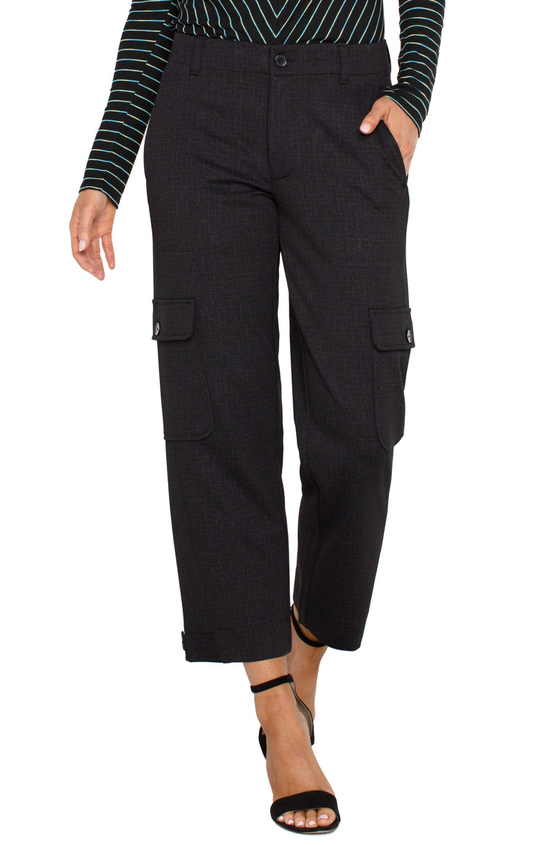 LIVERPOOL UTILITY CROP WITH TAB HEATHERED CARGO PANT - BLACK CROSSHATCH