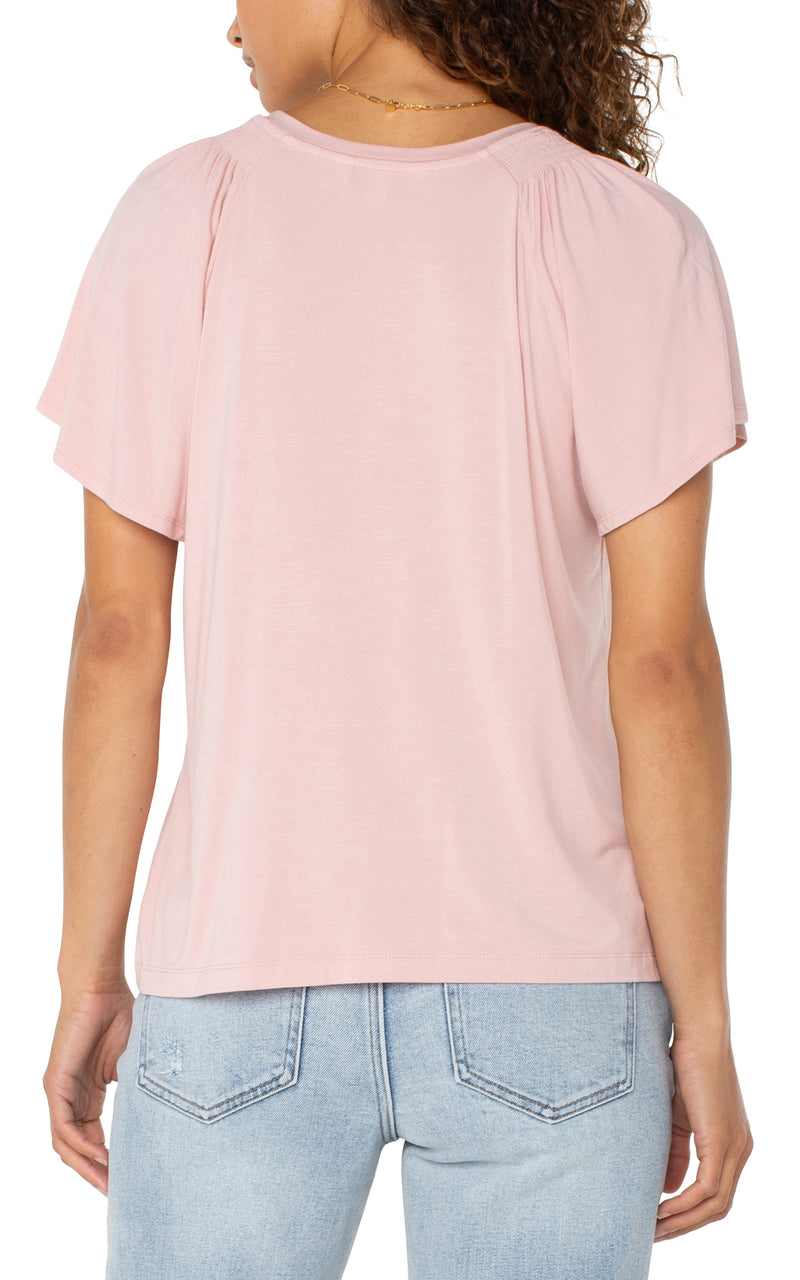 Liverpool Short Flutter Sleeve V Neck Knit Top - Soft Pink