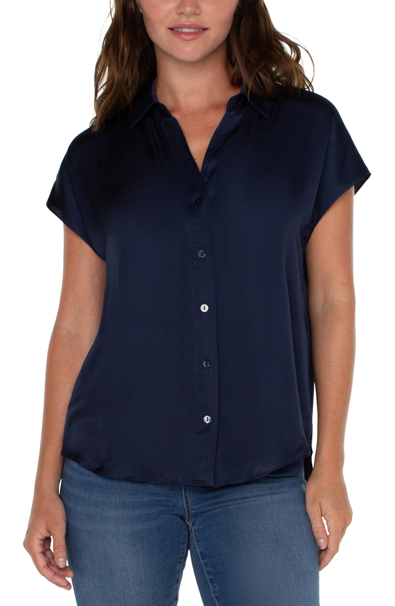 Liverpool Dolman Sleeve Collared Button Front Woven Blouse - Navy