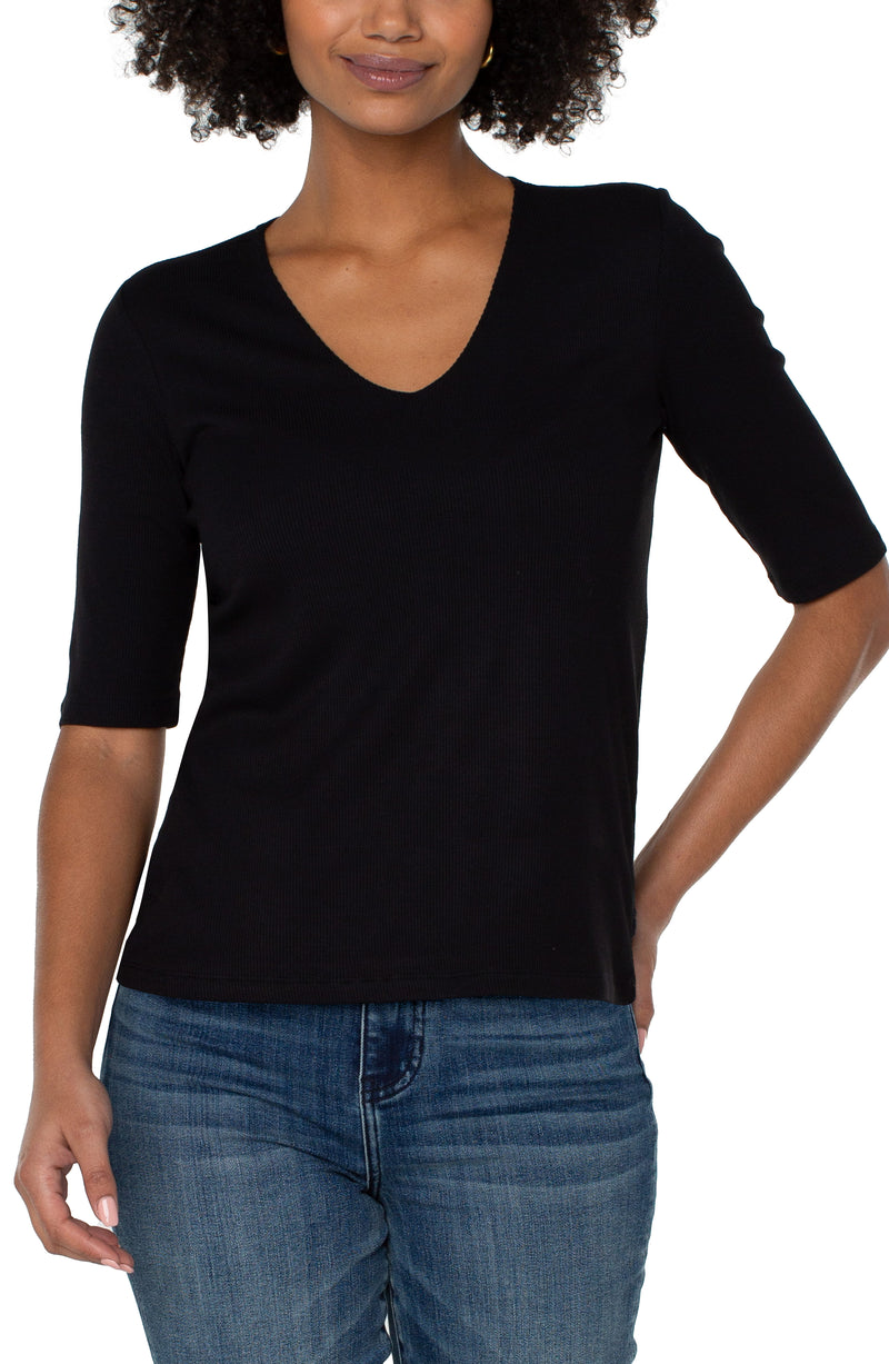 LIVERPOOL - Double Layer V-neck Rib Knit Top - Black