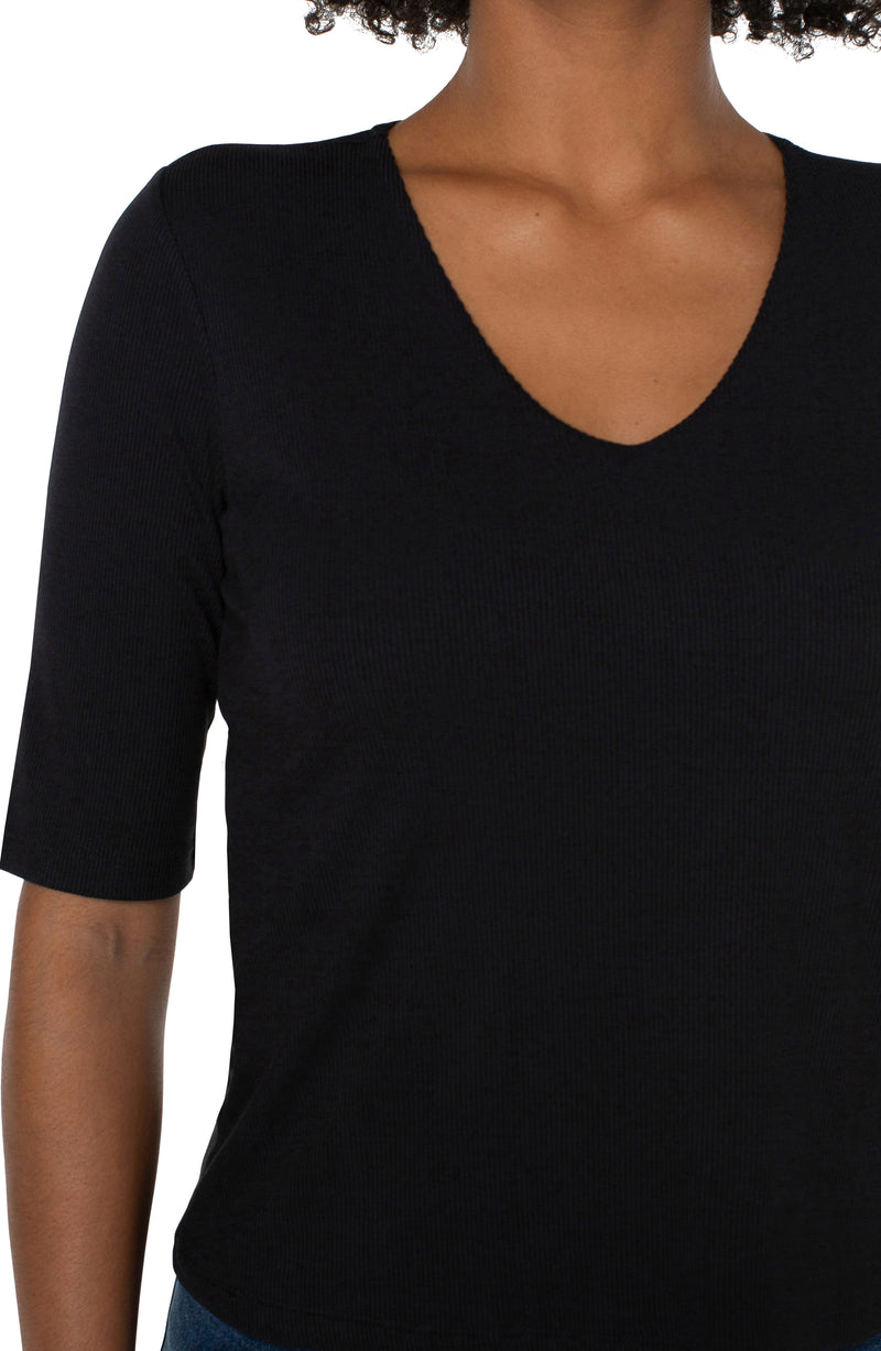 LIVERPOOL - Double Layer V-neck Rib Knit Top - Black