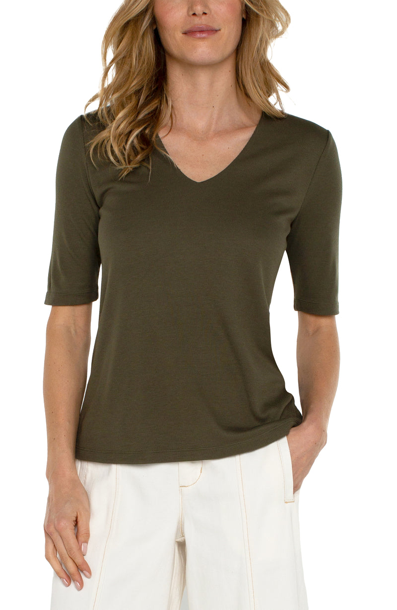 LIVERPOOL - DOUBLE LAYER V-NECK 1/2 SLEEVE RIB KNIT TOP - Olive