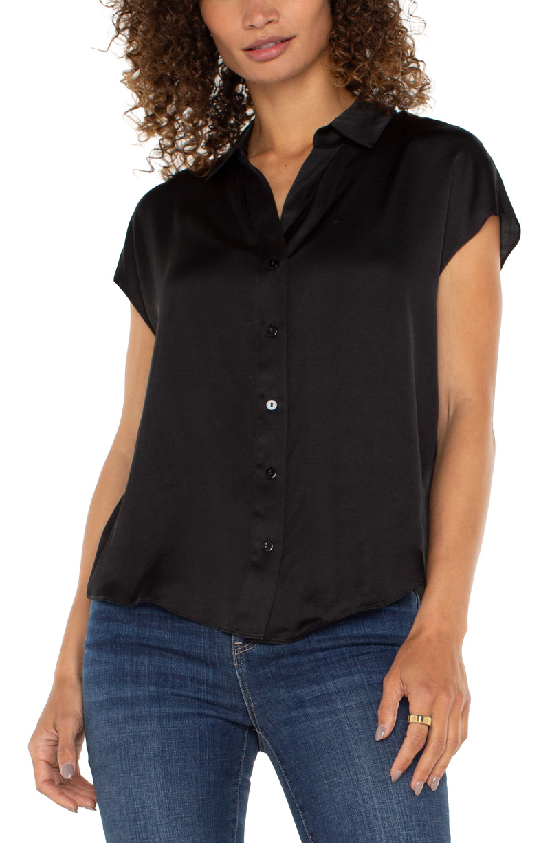 Liverpool Dolman Sleeve Collared Button Front Woven Blouse - Black