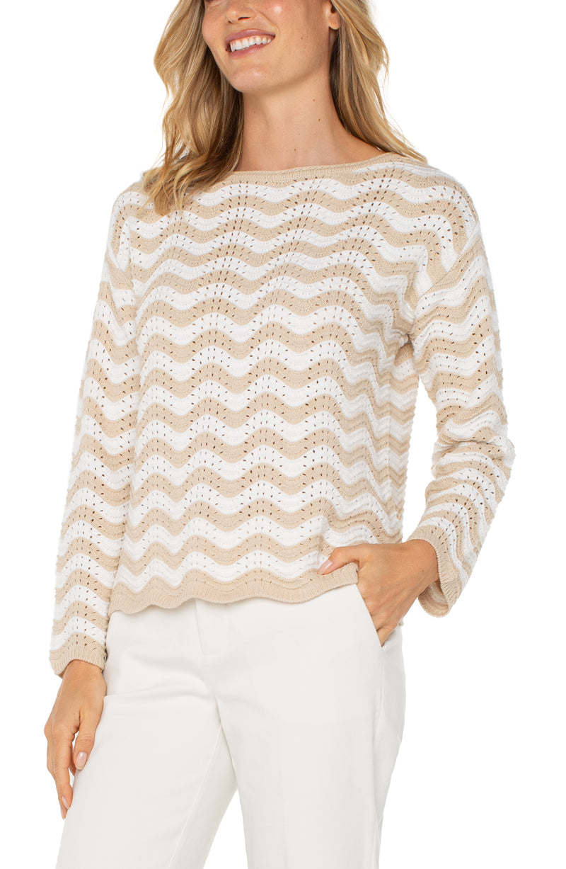 Liverpool Long Sleeve Boatneck Sweater - Tan Ivory Stripe