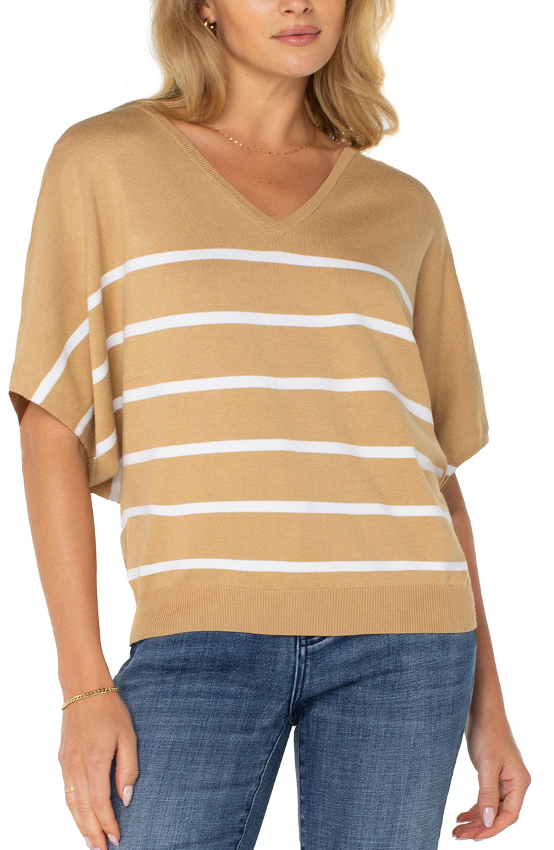 Liverpool Short Sleeve Dolman V-neck Sweater - Tan White Stripe