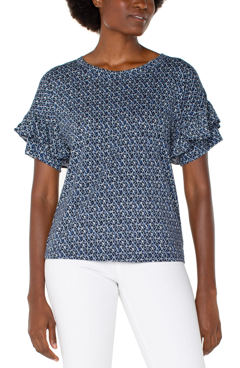 Liverpool 1/2 Sleeve Drop Shoulder With Ruffle - Navy Cream Batik