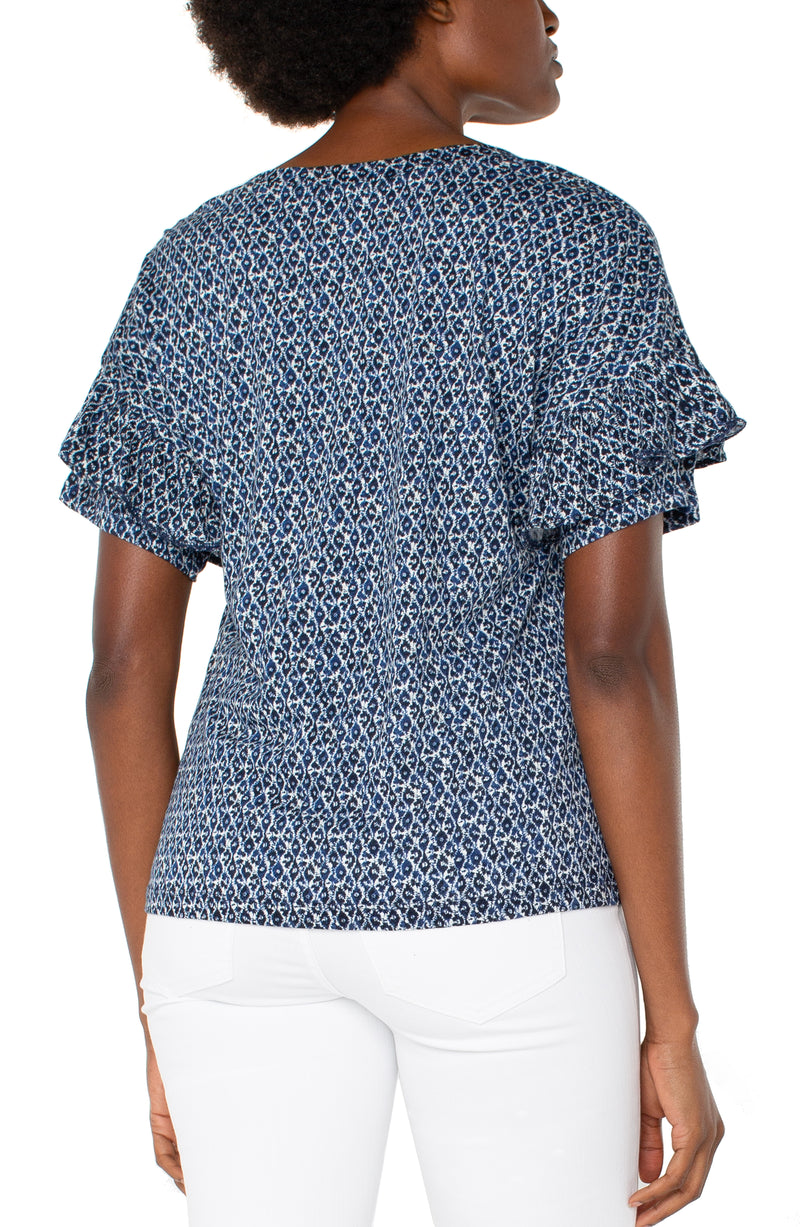 Liverpool 1/2 Sleeve Drop Shoulder With Ruffle - Navy Cream Batik