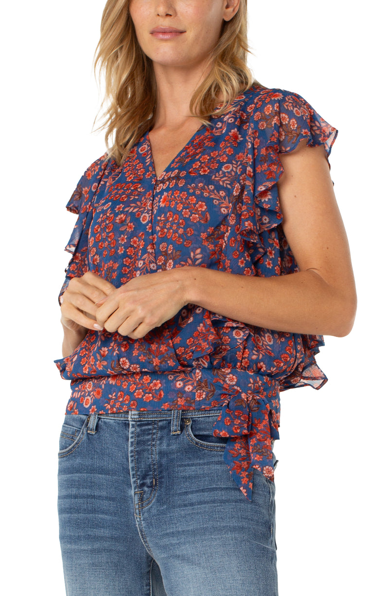 Liverpool Draped Front Top With Waist Tie - Blue Pink Floral