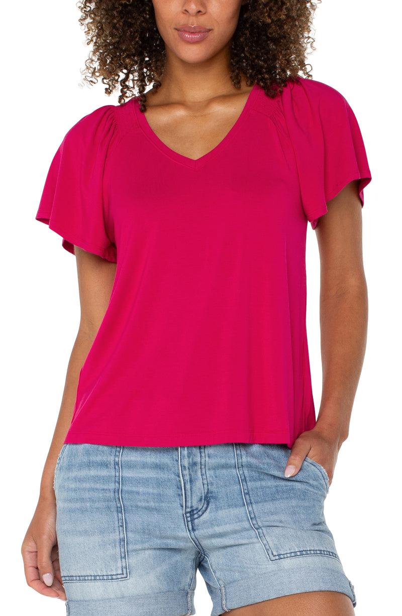 Liverpool Flutter Sleeve Knit Top - Cerise