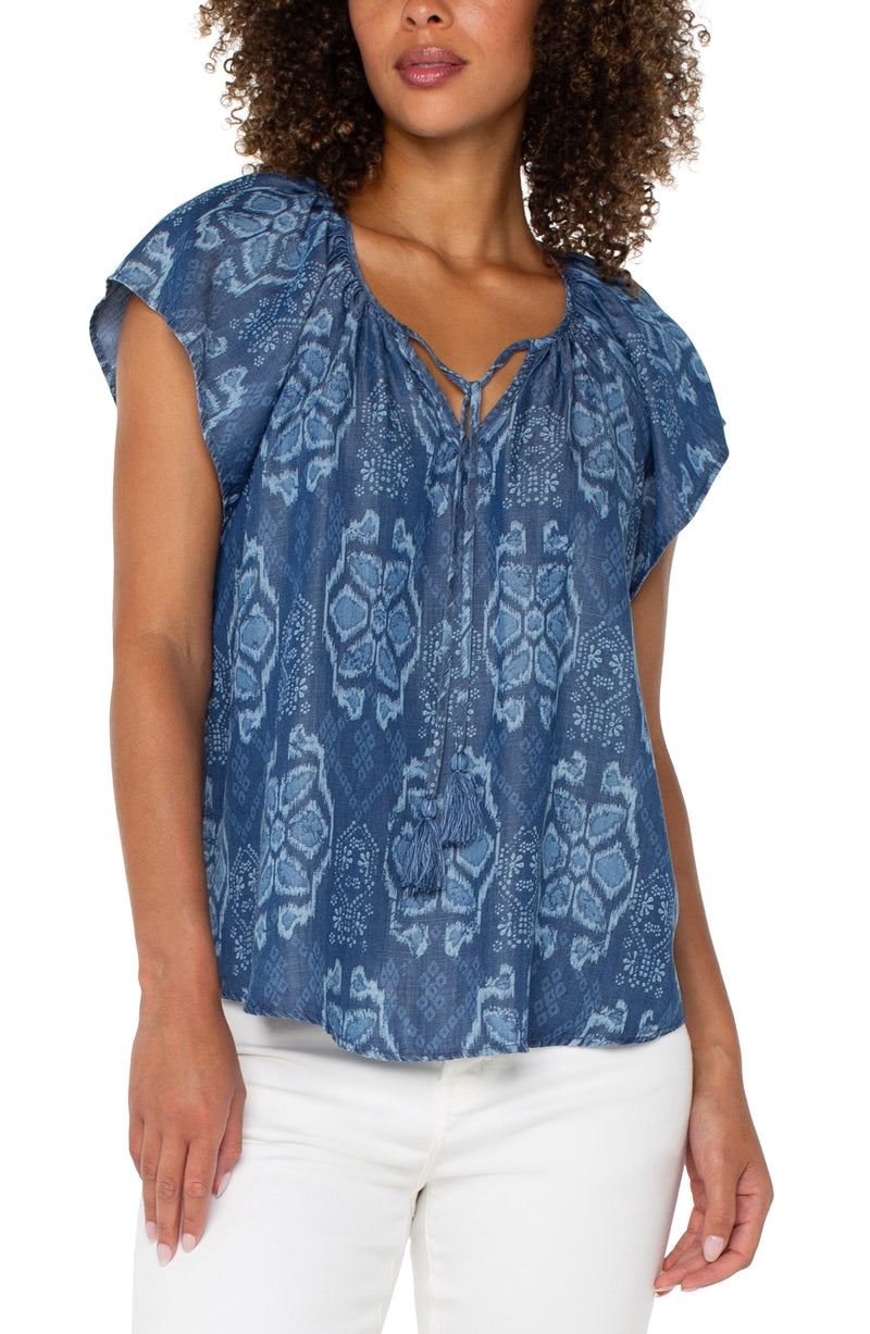 Liverpool Flutter Sleeve Woven Top w/Front Tie Detail - Tribal Allover