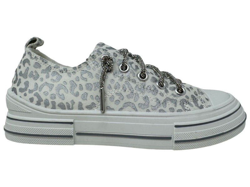 Aman Glitter Tennis Shoes with Rhinestone Laces - Cheetah Grey/White