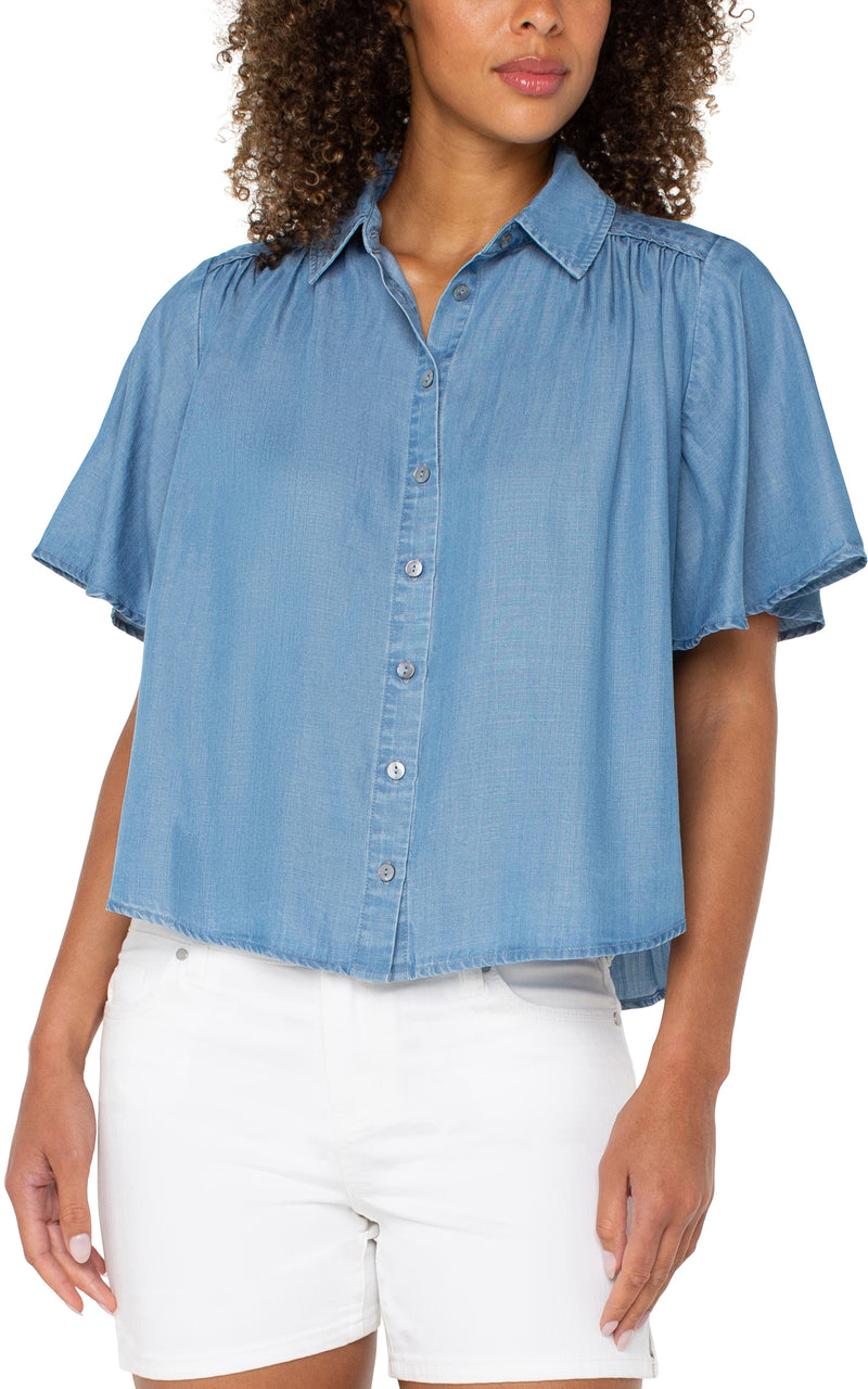 Liverpool 1/2 Sleeve Button Front Shirred Woven Blouse - Delwood