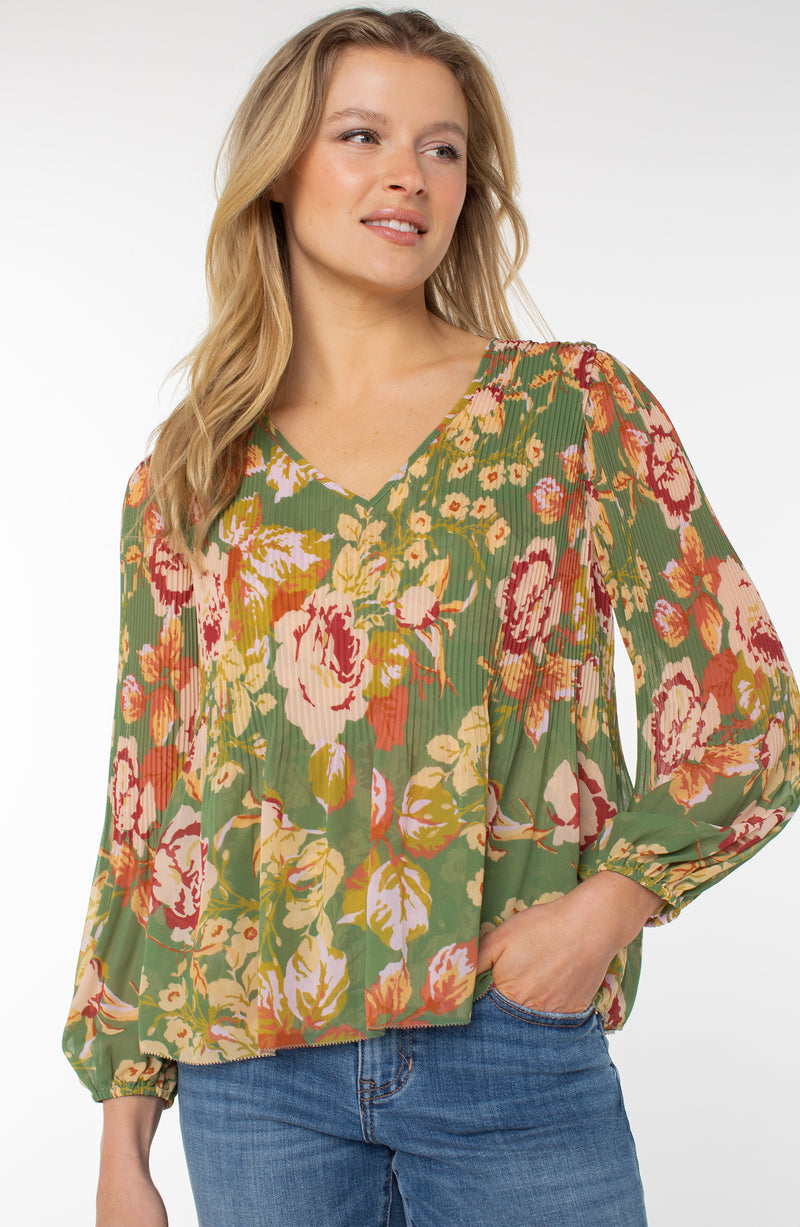 Liverpool Long Sleeve V-Neck Pleated Top - Green Multi Floral