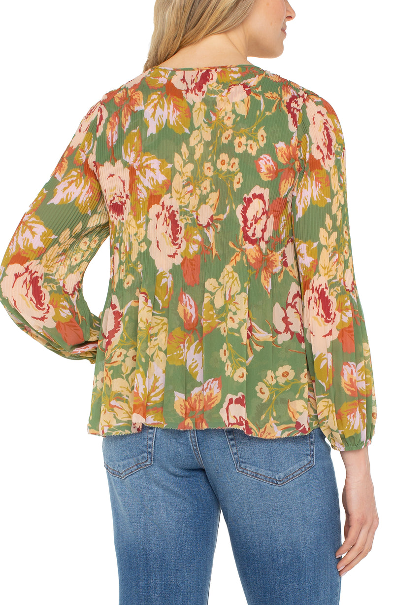 Liverpool Long Sleeve V-Neck Pleated Top - Green Multi Floral