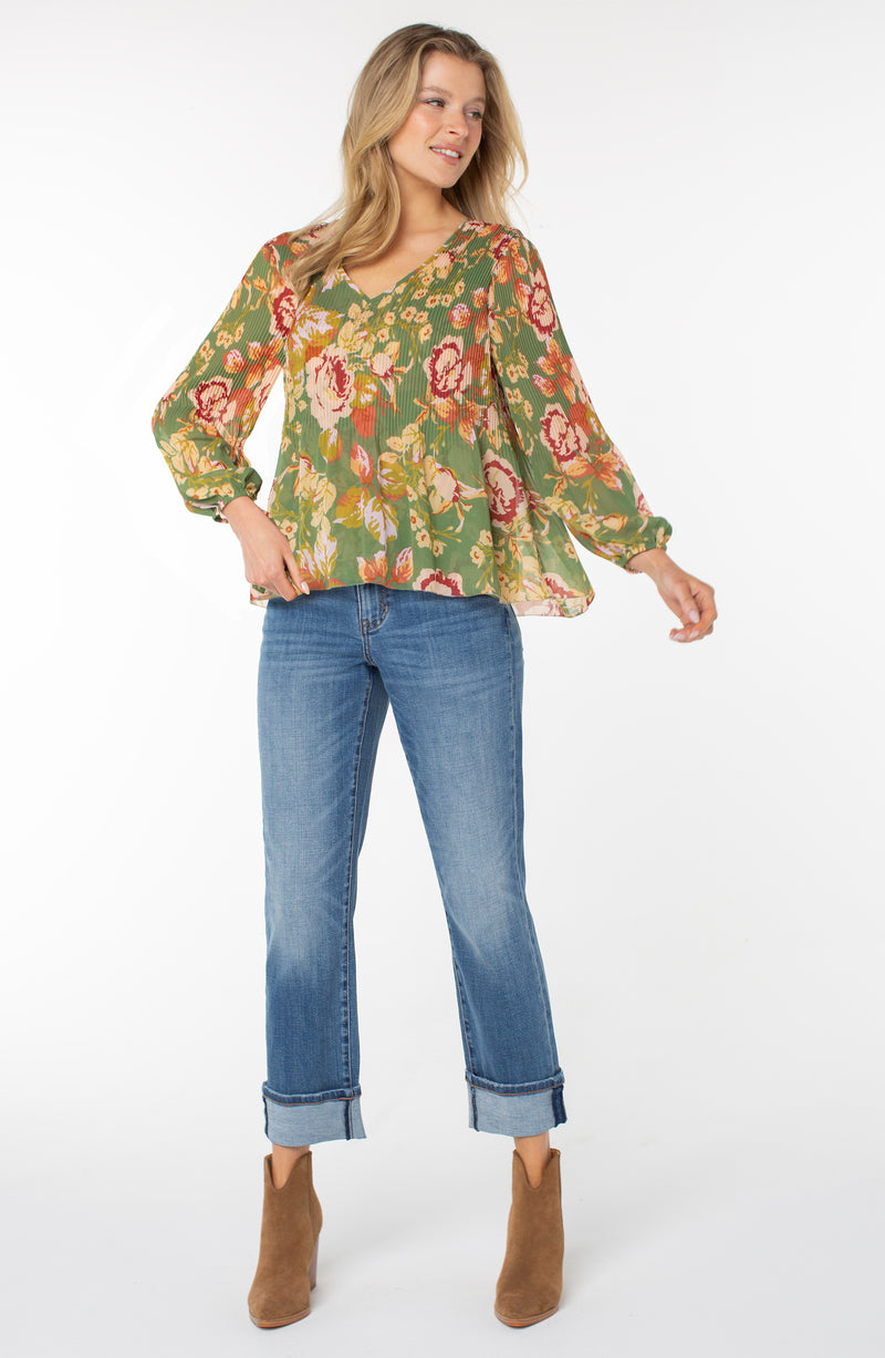 Liverpool Long Sleeve V-Neck Pleated Top - Green Multi Floral