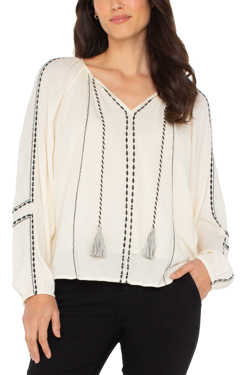 LiverpooL Long Sleeve Woven Raglan Blouse w/Embroidery - Alabaster w/Black Embroidery