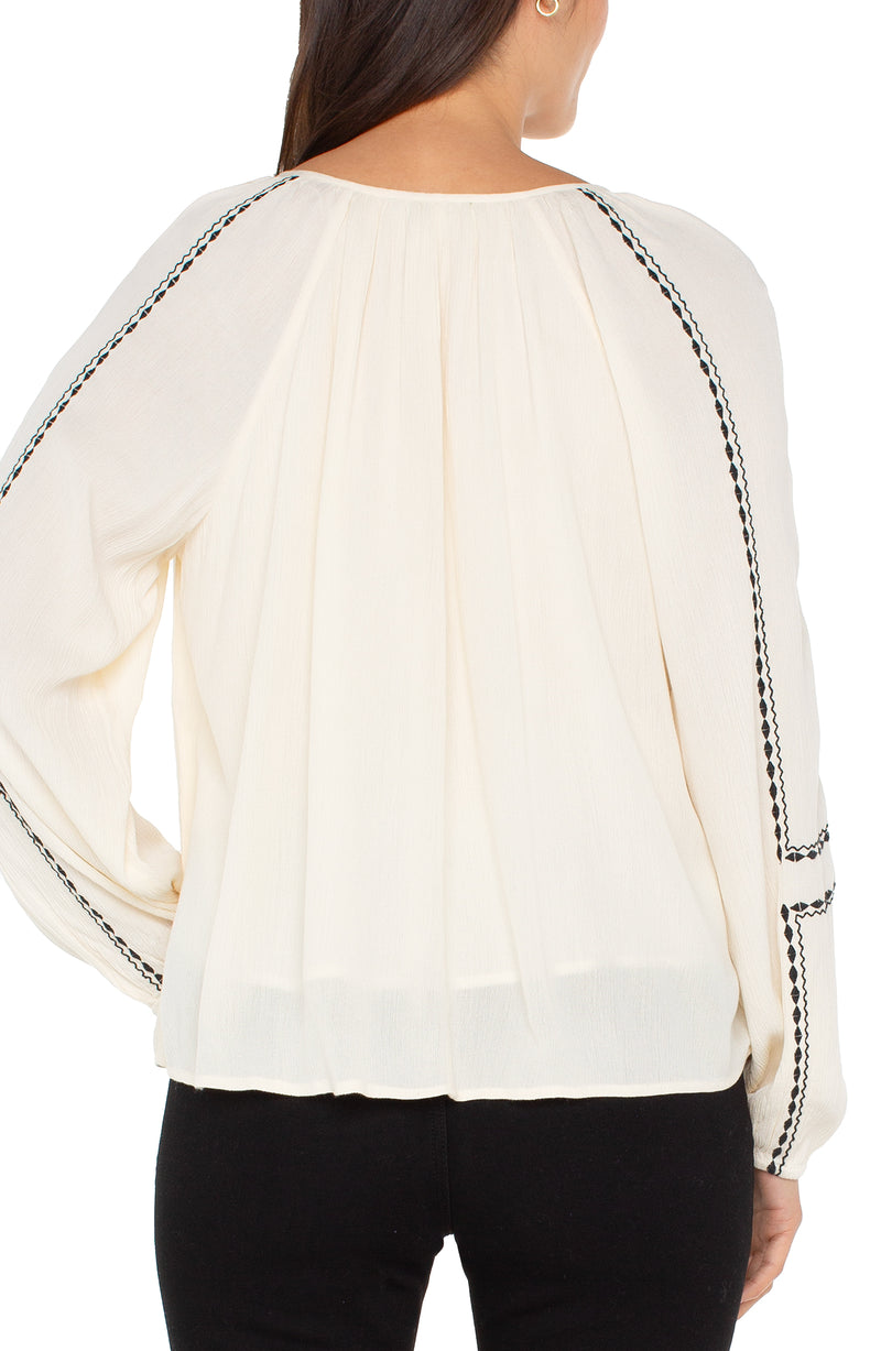 LiverpooL Long Sleeve Woven Raglan Blouse w/Embroidery - Alabaster w/Black Embroidery