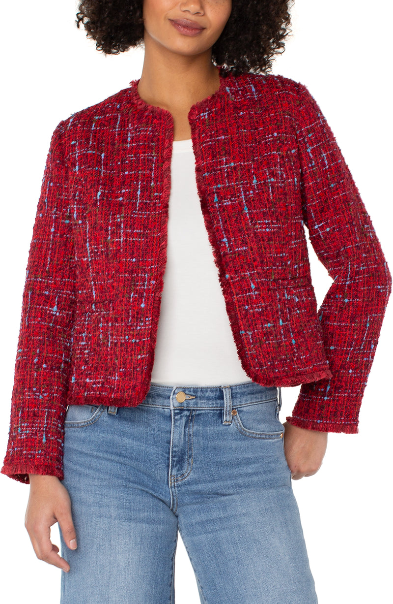 Liverpool Collarless Jacket with Frayed Hem - Red Multi Boucle