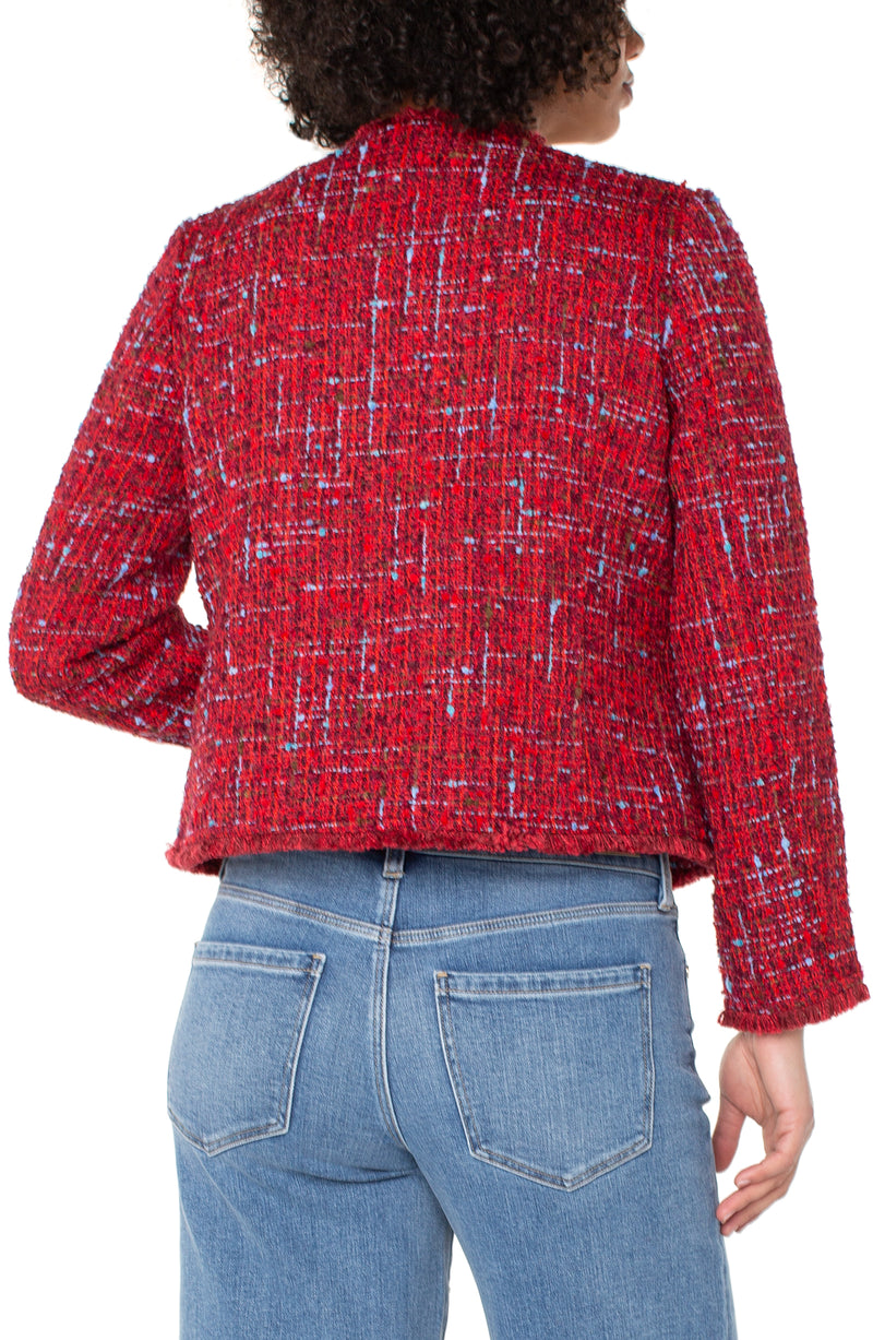 Liverpool Collarless Jacket with Frayed Hem - Red Multi Boucle