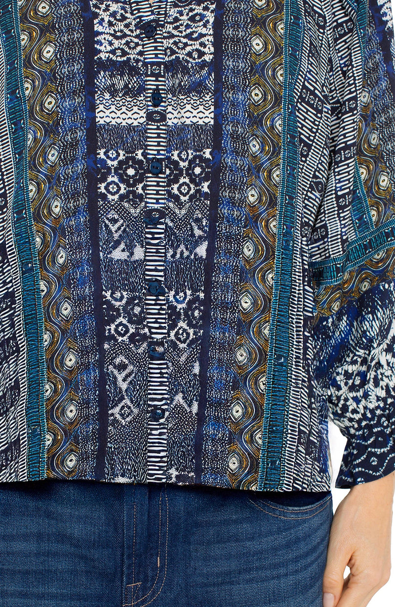 Liverpool 3/4 Sleeve Button Front Woven Blouse - Blue Shibori Multi