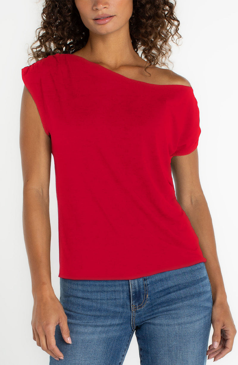 Liverpool Short Sleeve Asymmetrical Off Shoulder Knit Top - Cherry Rose