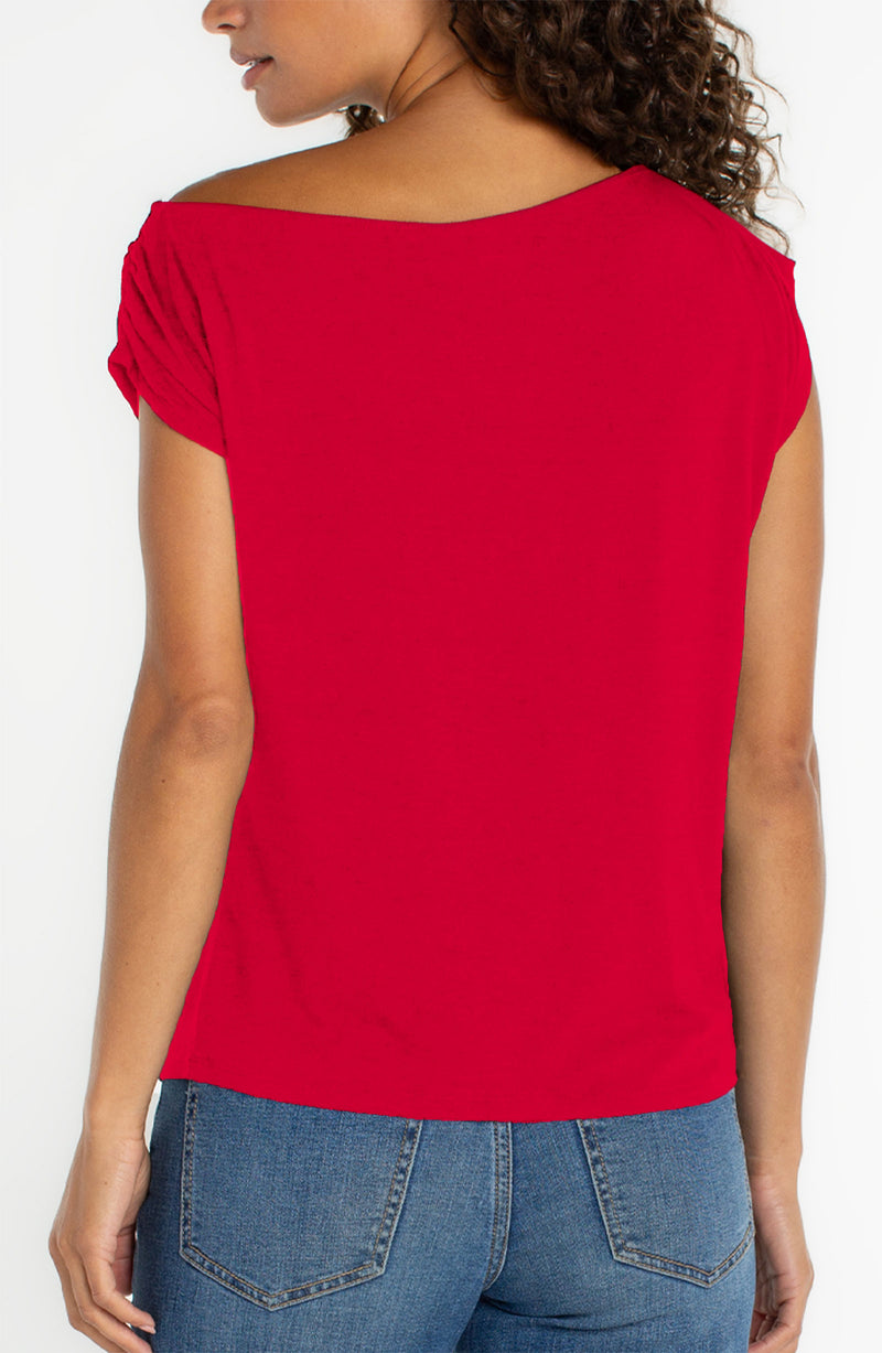 Liverpool Short Sleeve Asymmetrical Off Shoulder Knit Top - Cherry Rose