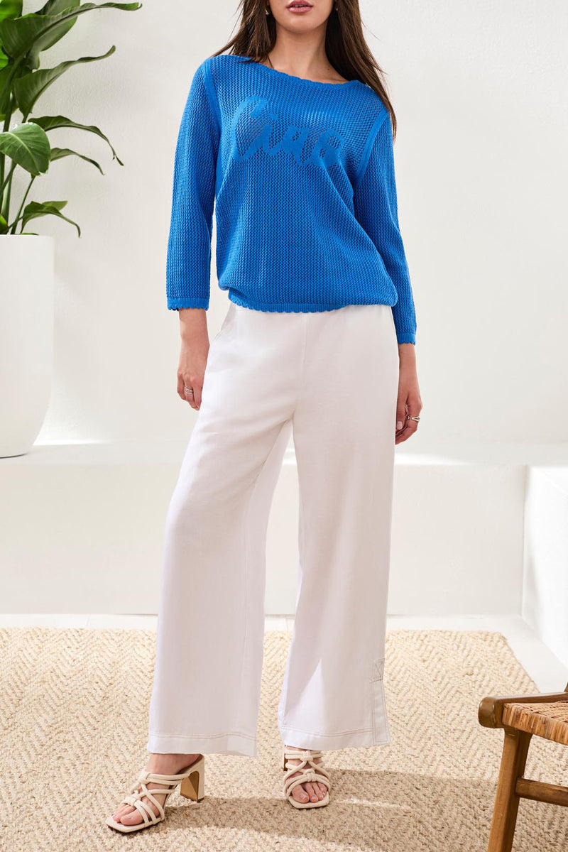 Tribal Open-Stitch Embroidered Cotton Crew Neck Sweater - Royal