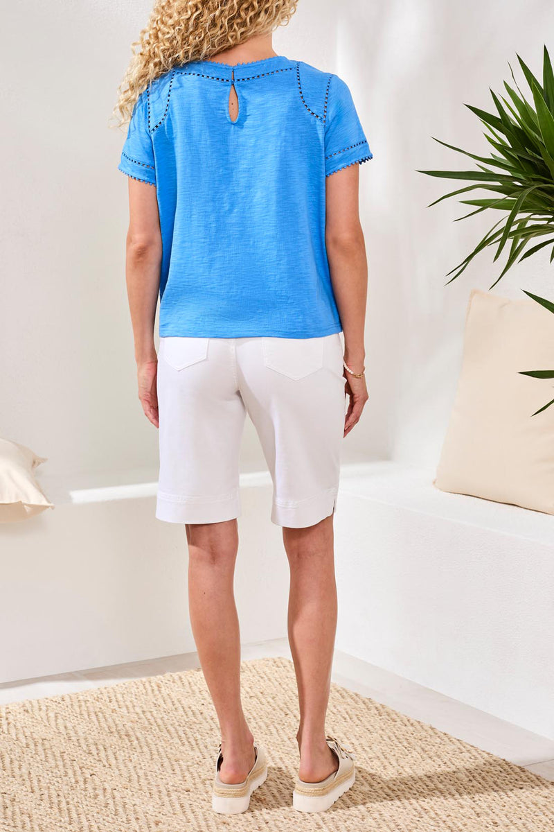 Tribal Cotton Slub Short Sleeve Top With Lace Detail - Royal