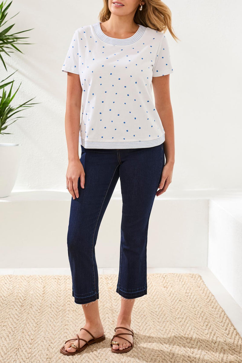 Tribal Embroidered Polka Dot Double-Yarn 3/4 Sleeve Knit Top