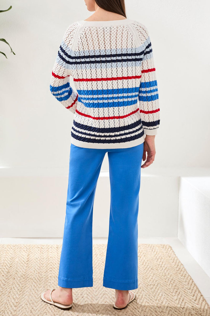 Tribal Striped Cotton Crew Neck Sweater With Cable Detail - Royal