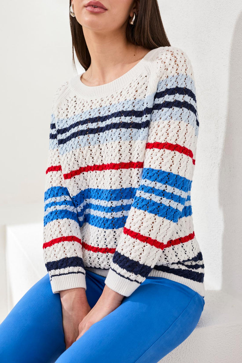 Tribal Striped Cotton Crew Neck Sweater With Cable Detail - Royal
